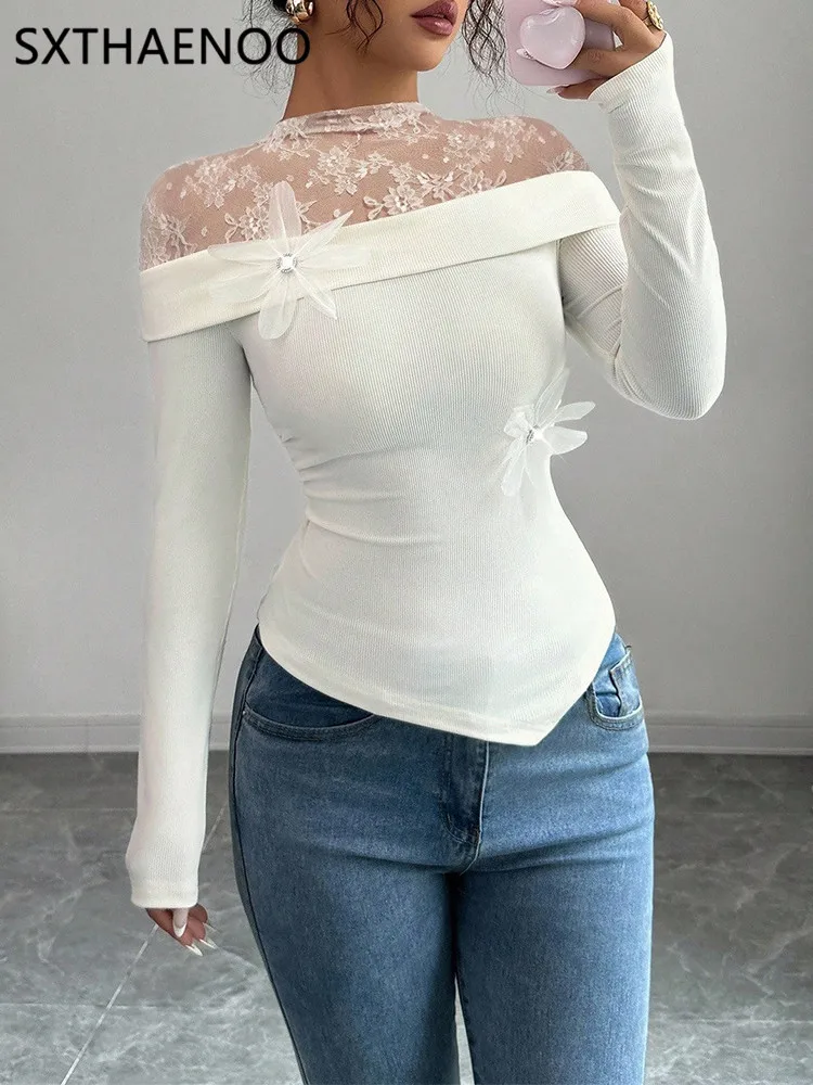 

SXTHAENOO женская футболка с базовым слоем, кружевной воротник-стойка, нерегулярный пуловер, белые сексуальные тонкие модные топы с длинными рукавами