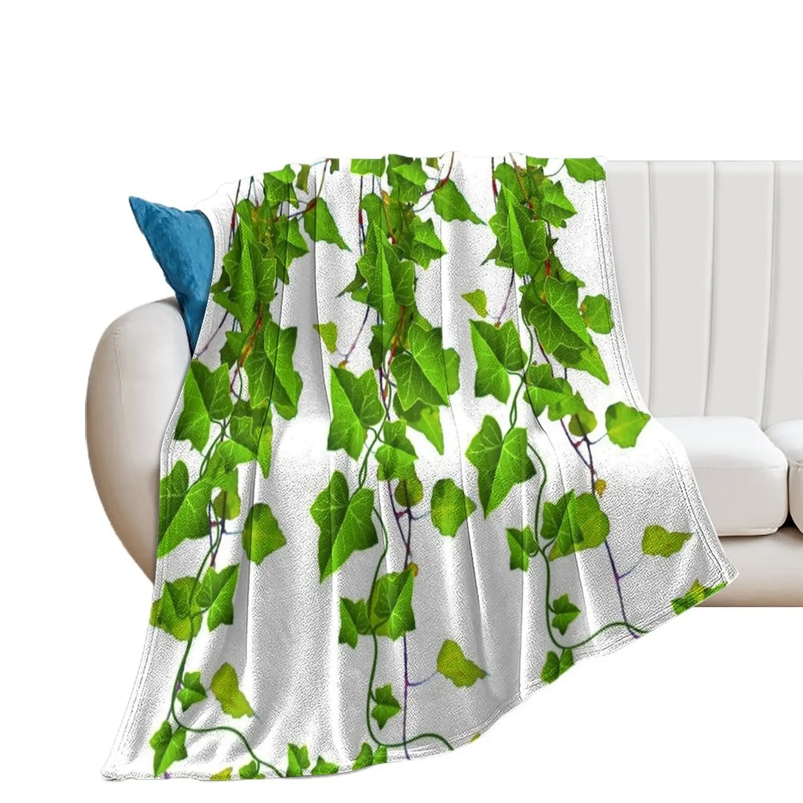 DECORATIVE SPRING GREEN TRAILING IVY VINES ON WHITE Throw Blanket Decoratives Quilt Sofa Throw Furry Blankets