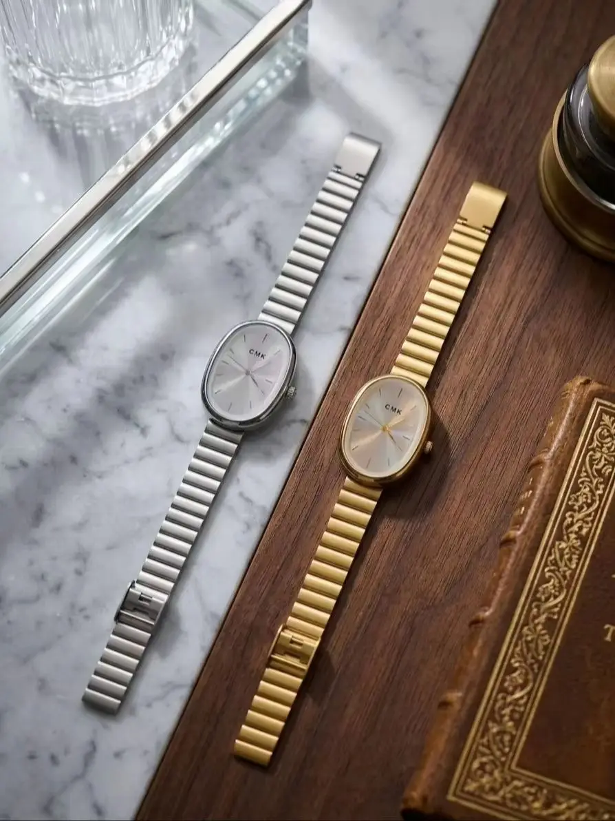 Oval thin steel strip women's quartz watch gold and silver minimalist luxury commuting watch