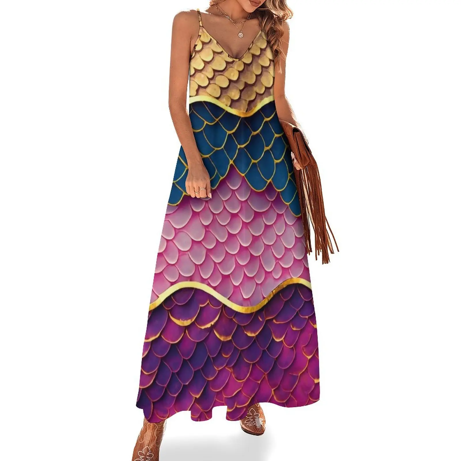 

Mermaid Fin Fish Scales, Dark Blue, Pink, Purple, Magenta, Gold Sleeveless Long Dress Women's summer dresses woman dress Dress