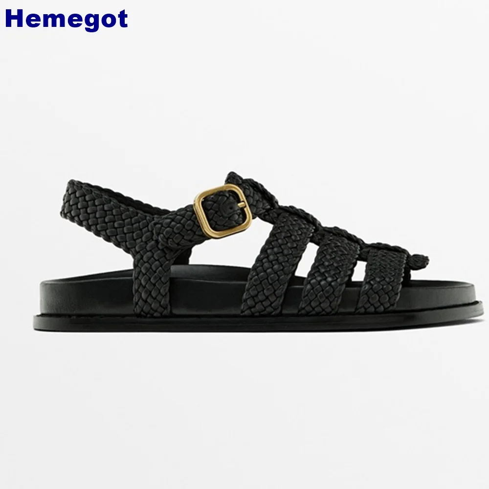 Genuine Leather Braided Roman Sandals 2024 Summer New Black Fashion Women\'s Shoes Thick Sole Outdoor Casual Beach Buckle Sandals