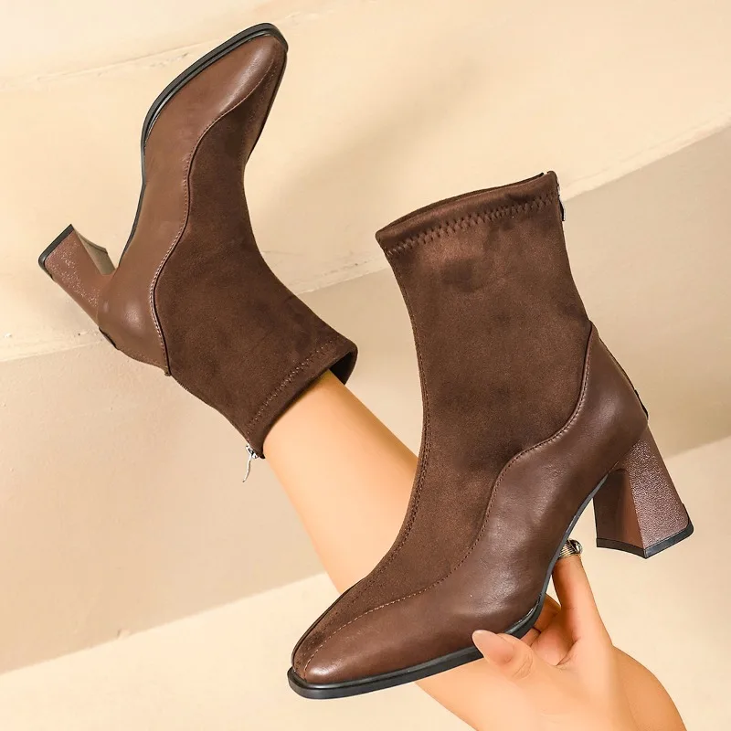 

Block Heel Booties Versatile Fashion Square Toe Paneled Suede Zipper Non-Slip Wear-Resistant High Heels