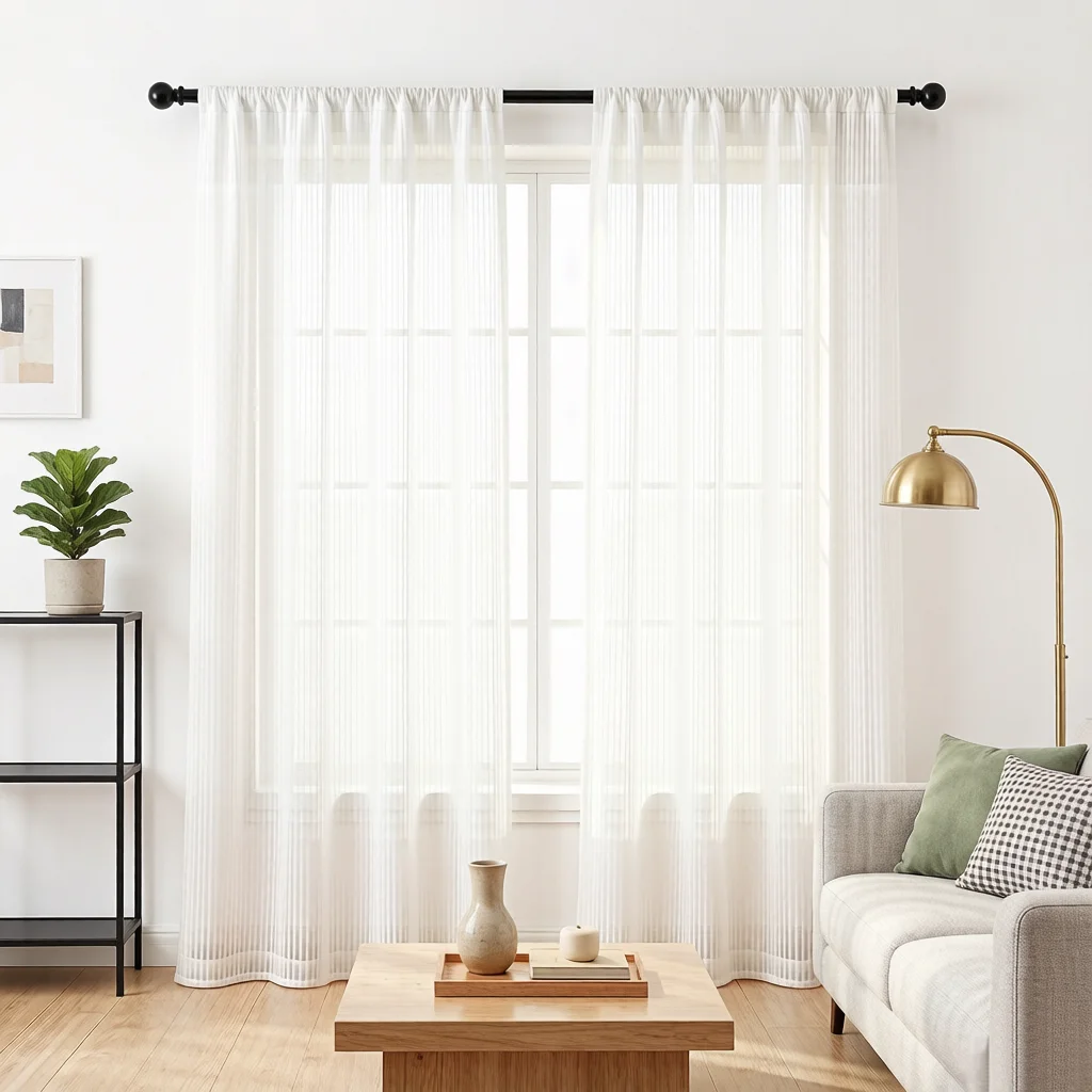 White Vertical Striped Sheer Curtains 2 Panels, Rod Pocket Voile, Light Filtering Window Drape for Bedroom Living Room