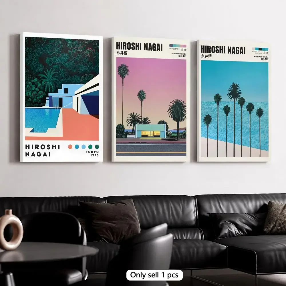 H-Hiroshi Nagai Pastel Modern Homes Painting Calligraphy Framed Canvas Wall Art Poster Solid Wood Frame Home Decor