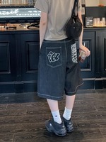 HOUZHOU Vintage Embroidery Y2k Jorts Women Hip Hop Style Baggy Denim Shorts Grunge Streetwear Black Wide Leg Knee Length Shorts