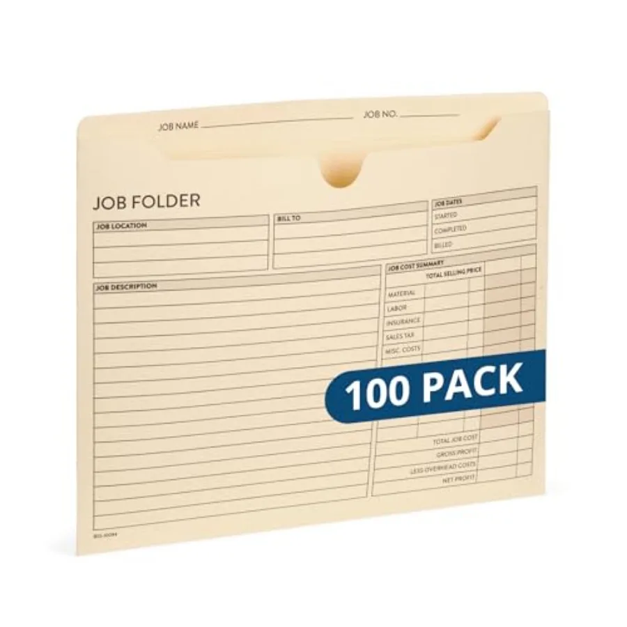 

100 Job Folders Construction 10 x 12 Inches Project Folders with Preprinting for Job Tracking Manila Job Folders File Jacket 10