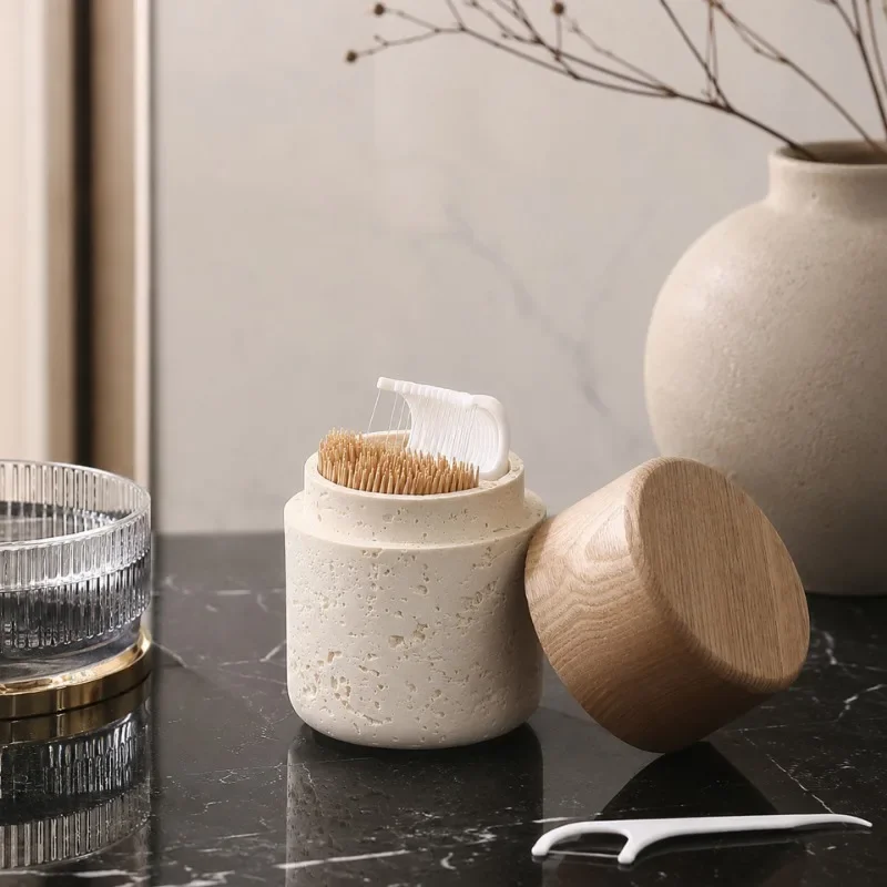Modern Style Minimalist Travertine & Walnut Toothpick Holder, High-End Creative Desktop Organizer for Home Hotel, Elegant Gift