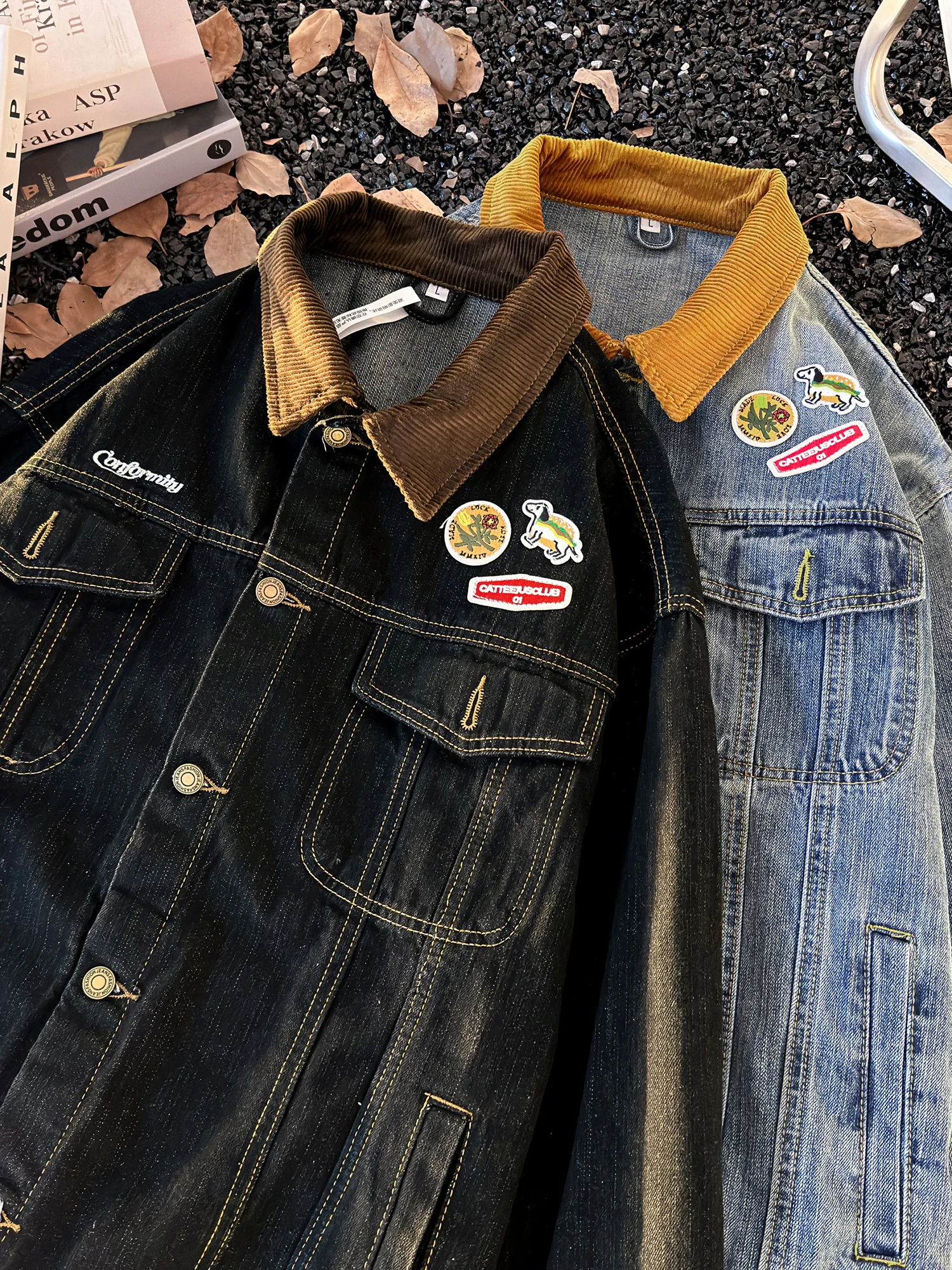 

Джинсы в стиле пэчворк с вельветовым воротником в американском стиле ретро, джинсы Loose ex Детройт, уличная рабочая одежда, джинсы для мужчин и женщин