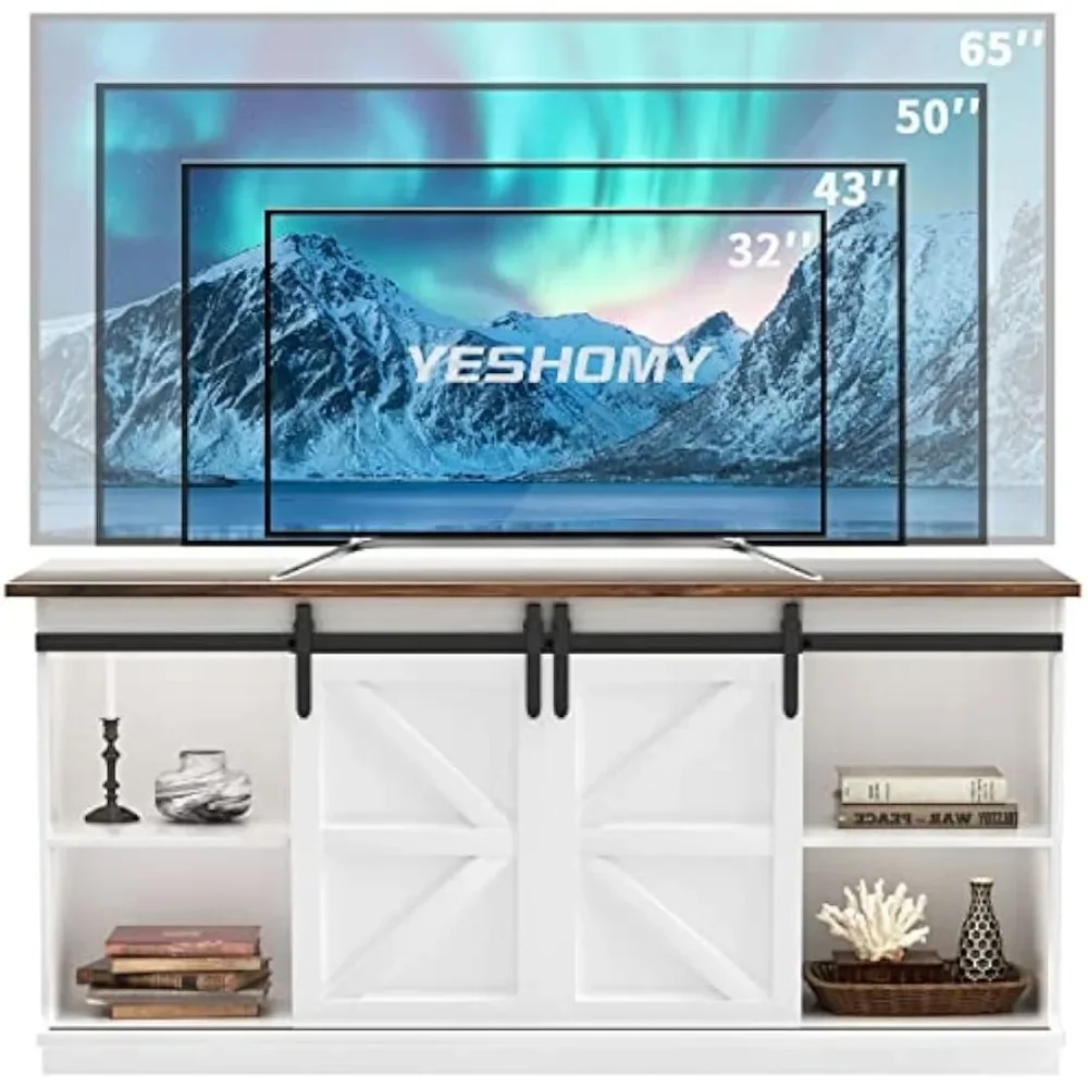 TV Stand Barn Doors and Storage Cabinets, Entertainment Center Console Table, Media Furniture for Living Room, 58 Inch, White