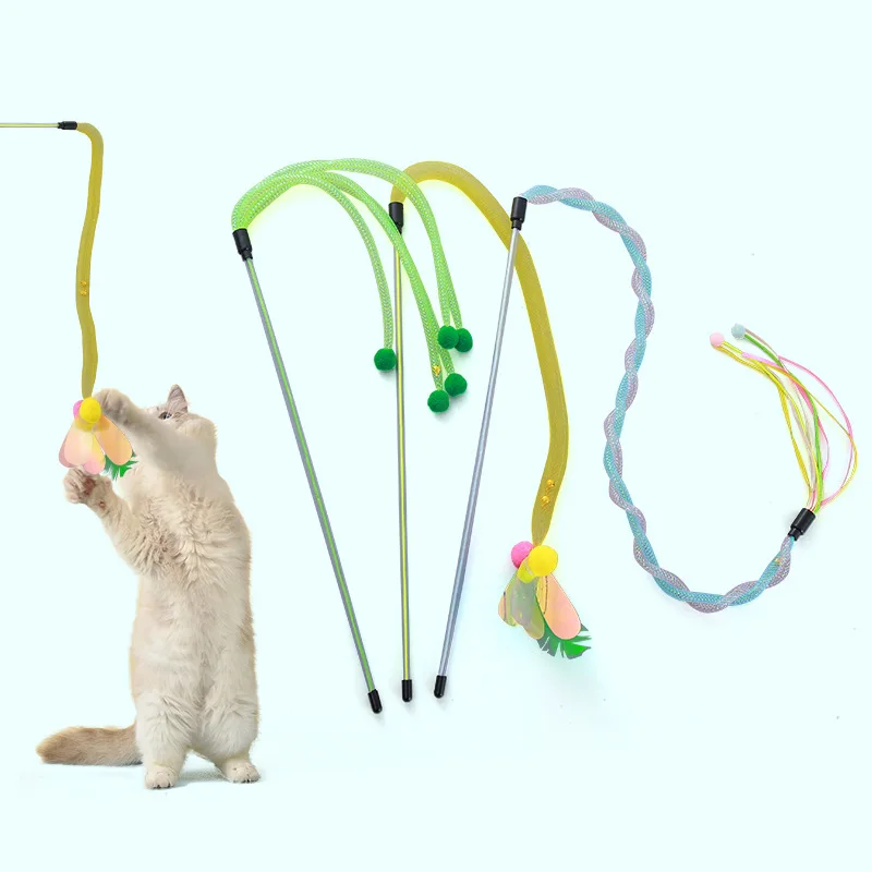 Cat Toy Butterfly Cats Stick Elastic Net Cat Toys Interactive Bite Resistant Wool Ball Toys for Cats Tease Kitten Toy with Bell