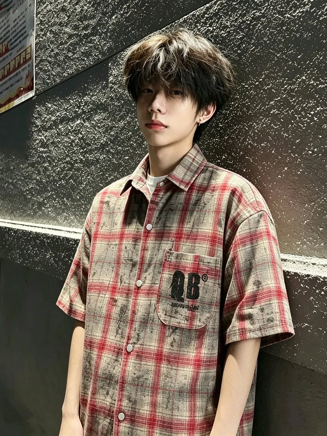 Red Plaid Short Sleeve Men's Shirt Summer Casual Style Dyeing Design Cleanfit Youthful Breathable Lightweight Loose Fit Shirt