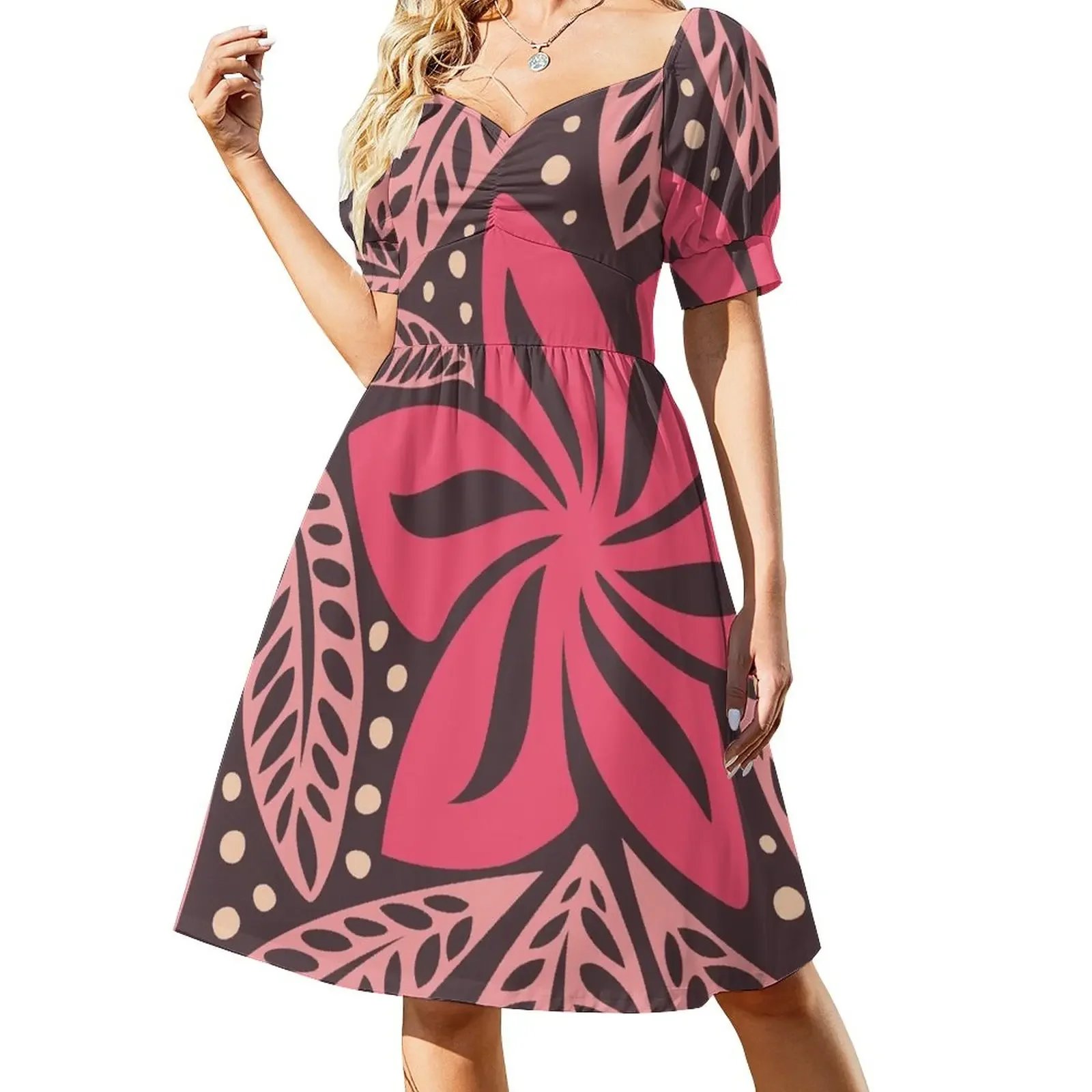 

Polynesian Hawaiian big flower pink aubergine floral tattoo design Short-Sleeved Dress women evening dress Women long dress