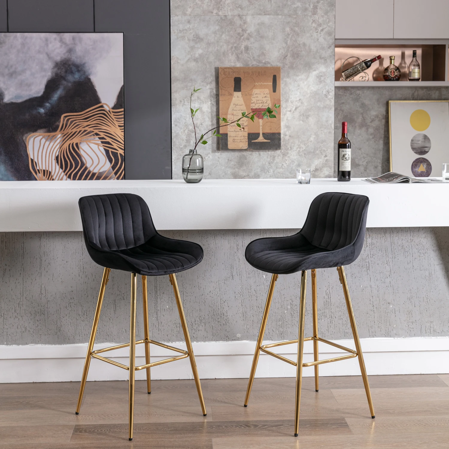 Ensemble de 2 tabourets de bar avec repose-pieds chromés, tabouret de comptoir en tissu velours, pied doré, tabouret de bar haut simple, noir, 30 po