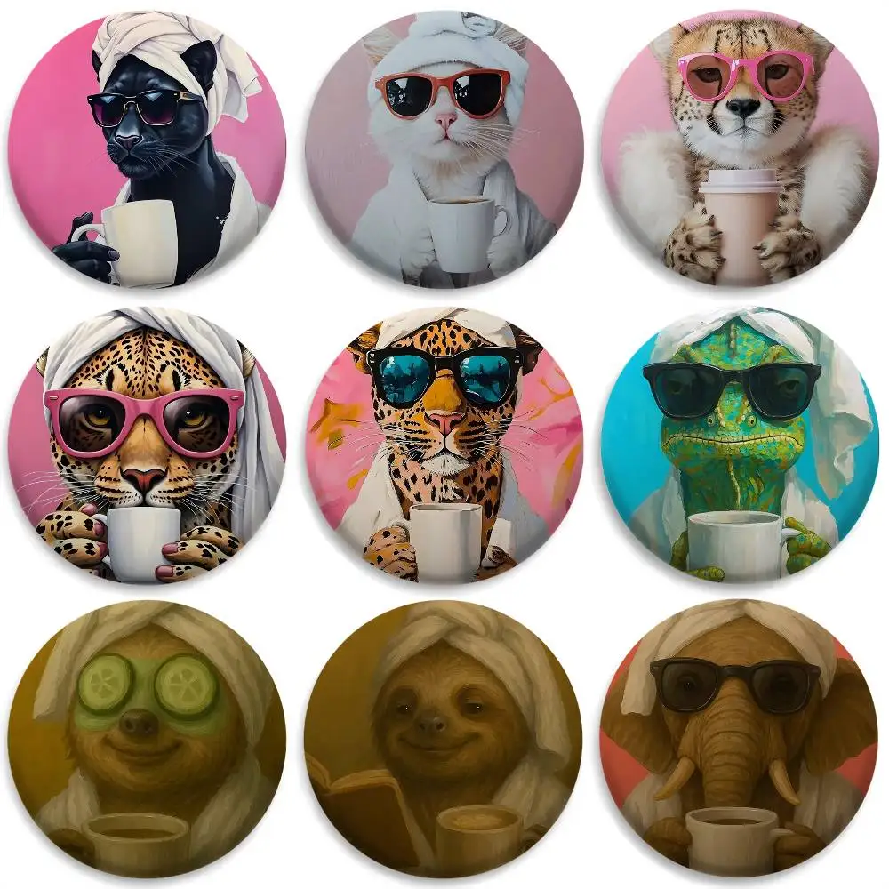 

Animals Drink Coffee Cute Funny Badges Round Exquisite Badge Brooches Creative Pins For Clothes Hat Backpack Gift Accessories