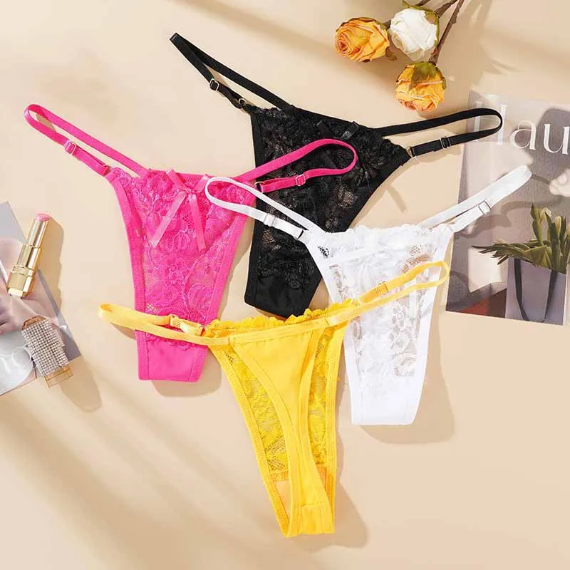 Lingerie sexy ajustable pour femmes, string en dentelle taille basse, sous-vêtements sexy à découpes, string respirant pour femmes, sous-vêtements transparents