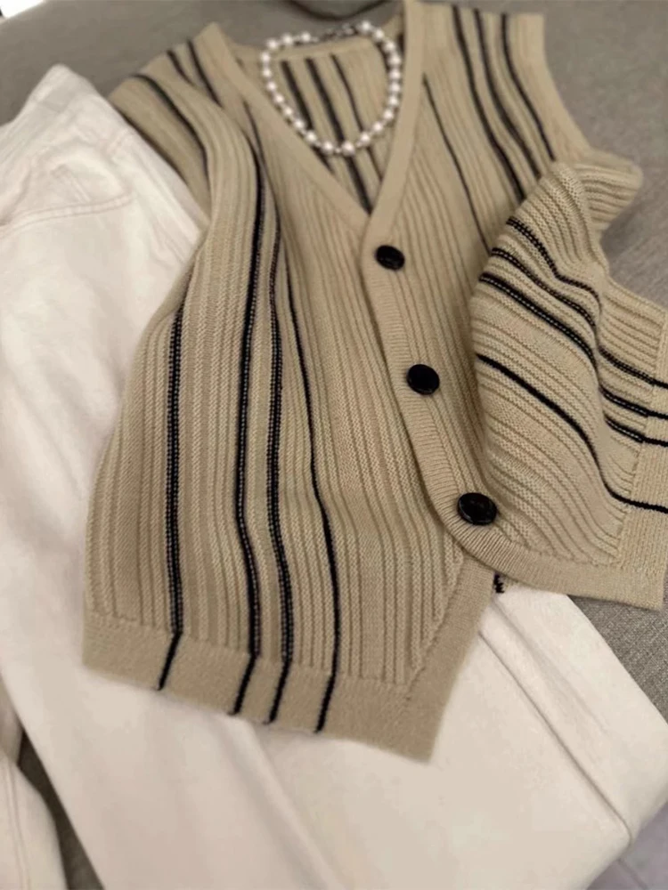 Retro Striped Sleeveless Knitted Cardigan Vest Women's Sweater New Autumn Layering Shoulder Top V-neck Single Button Closure