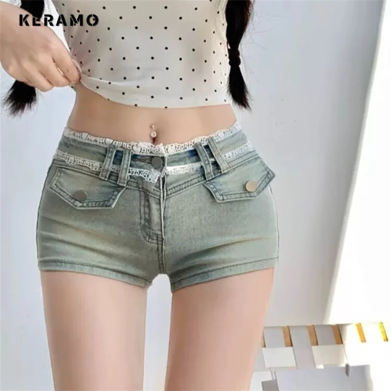 

Повседневные сексуальные тонкие уличные шорты Harajuku с высокой талией Shoujo, женские джинсовые шорты Y2K E-Girl Hotsweet 2000-х годов с кружевом в стиле пэчворк