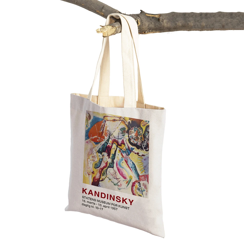 Kandinsky Watercolor Abstract Modular Cat Lady Tote Handbag Canvas Women Shopping Bags Double Print Fashion Shopper Bag