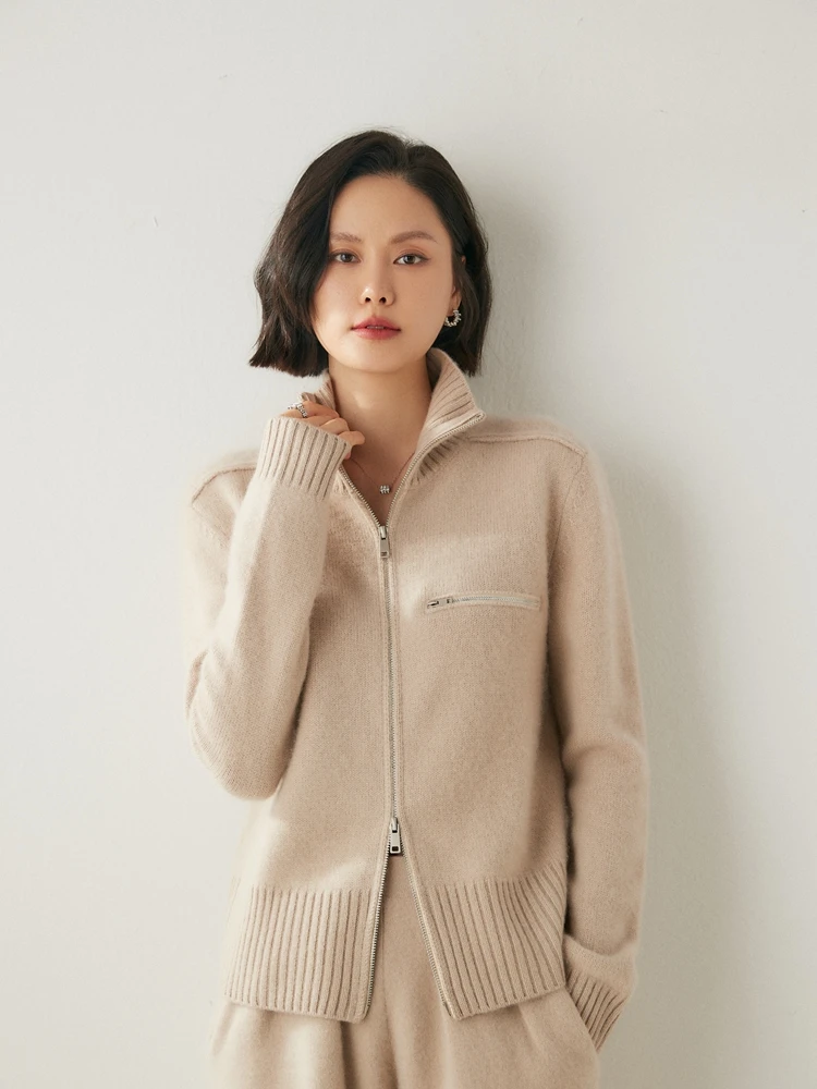 

High Quality New Women Zipper Cashmere Cardigan Autumn Winter 100% Cashmere Sweater Female Grace Soft Knitwear Casual Pop Coat