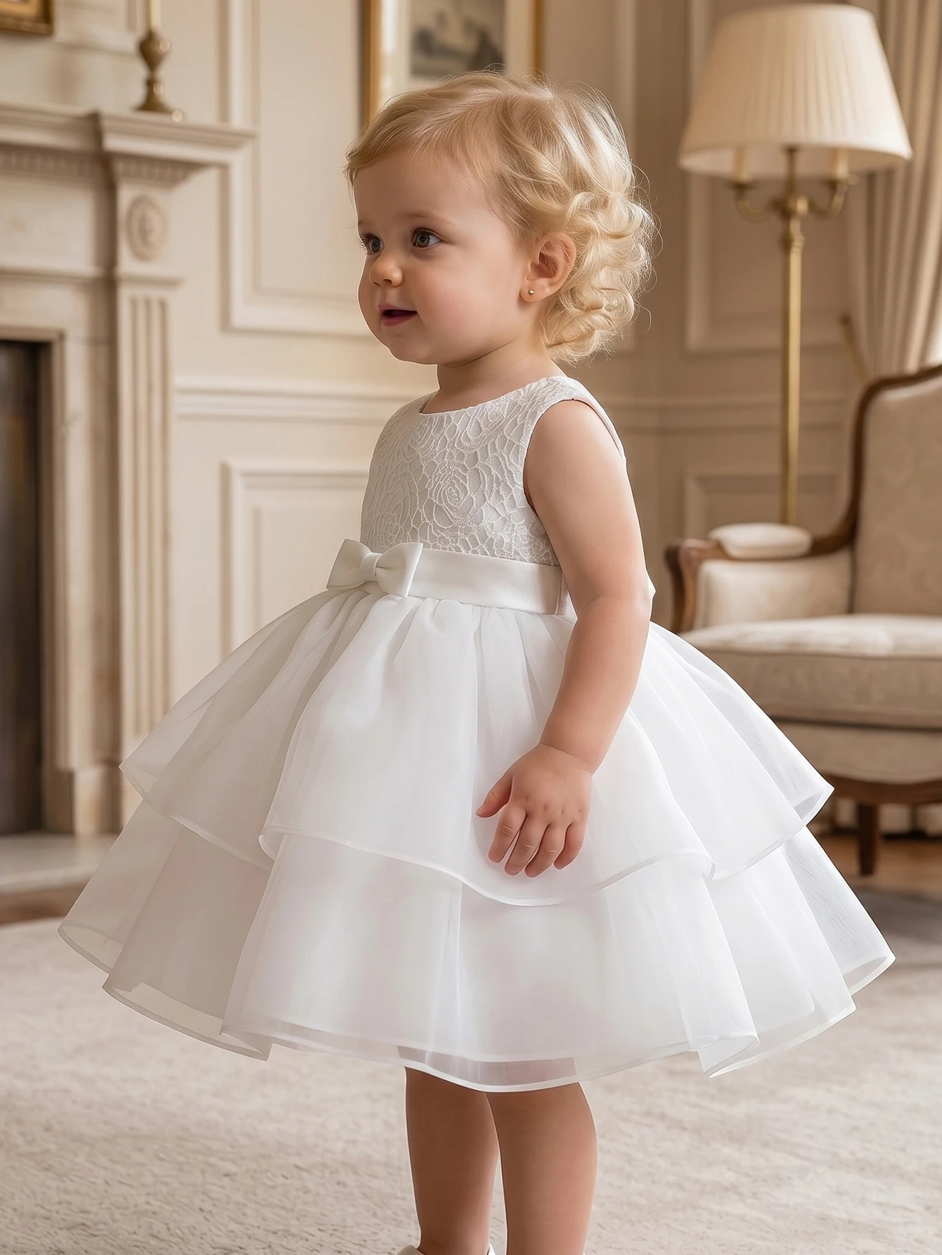 Baby Girls White Party Dress Sleeveless Rose Lace Bodice Bow Waist Tiered Tulle Skirt Birthday Wedding Flower Girl Formal Outfit