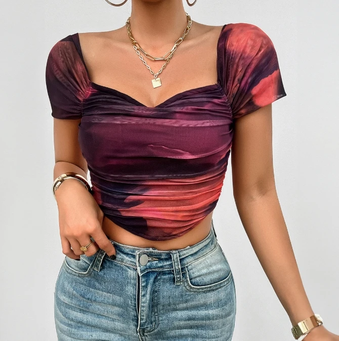 

Sexy Slim Fit Short Sleeve Printed Fishbone Top for Women Street Trendy New Fashion Women's Geometric Exposed Navel T-Shirt