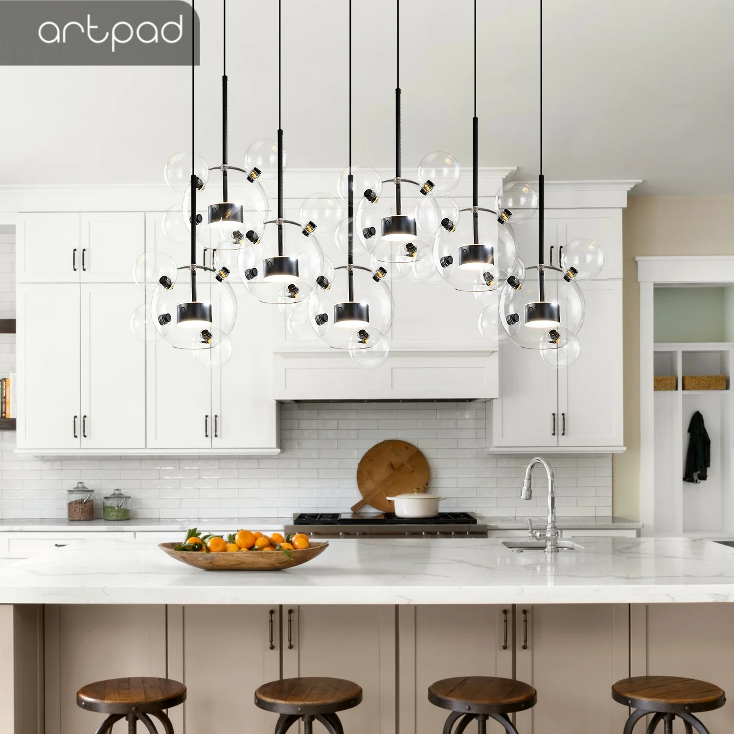 

Modern Black Glass Ball Chandelier Dining Table Living Room Frosted Bubble LED Pendant Lamp for Kitchen Island Hanging Lighting