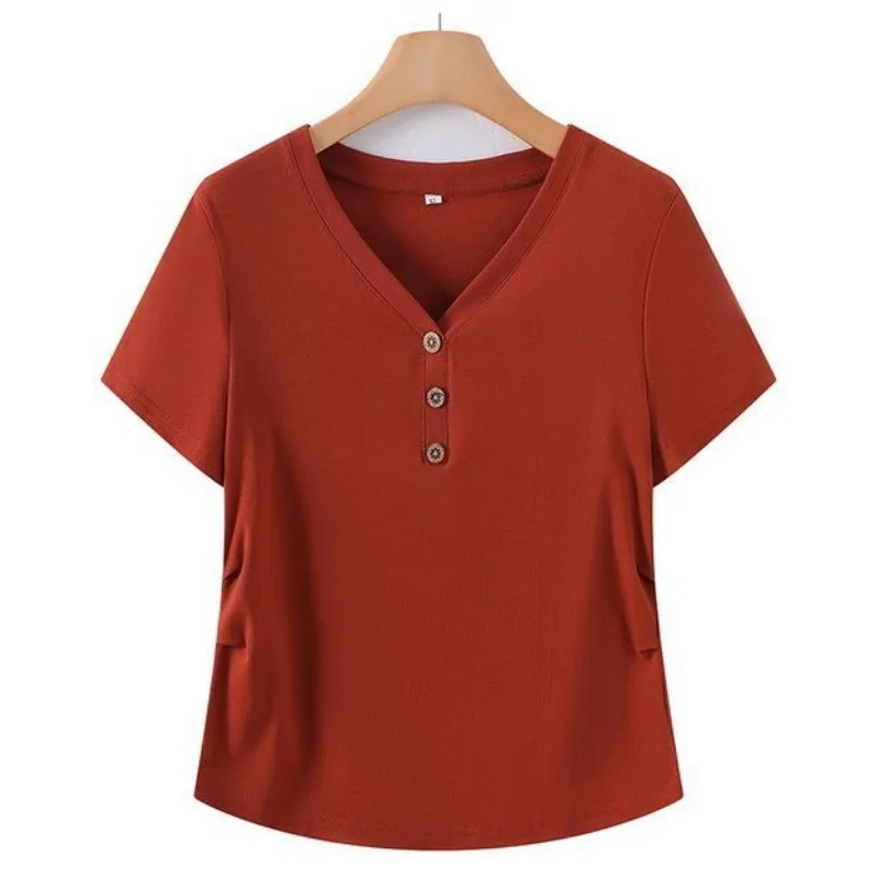 Mature Women Versatile V Neck T Shirt Loose Slimming Solid Short Sleeve Blouse Summer Casual Daily Mom Top S-4XL