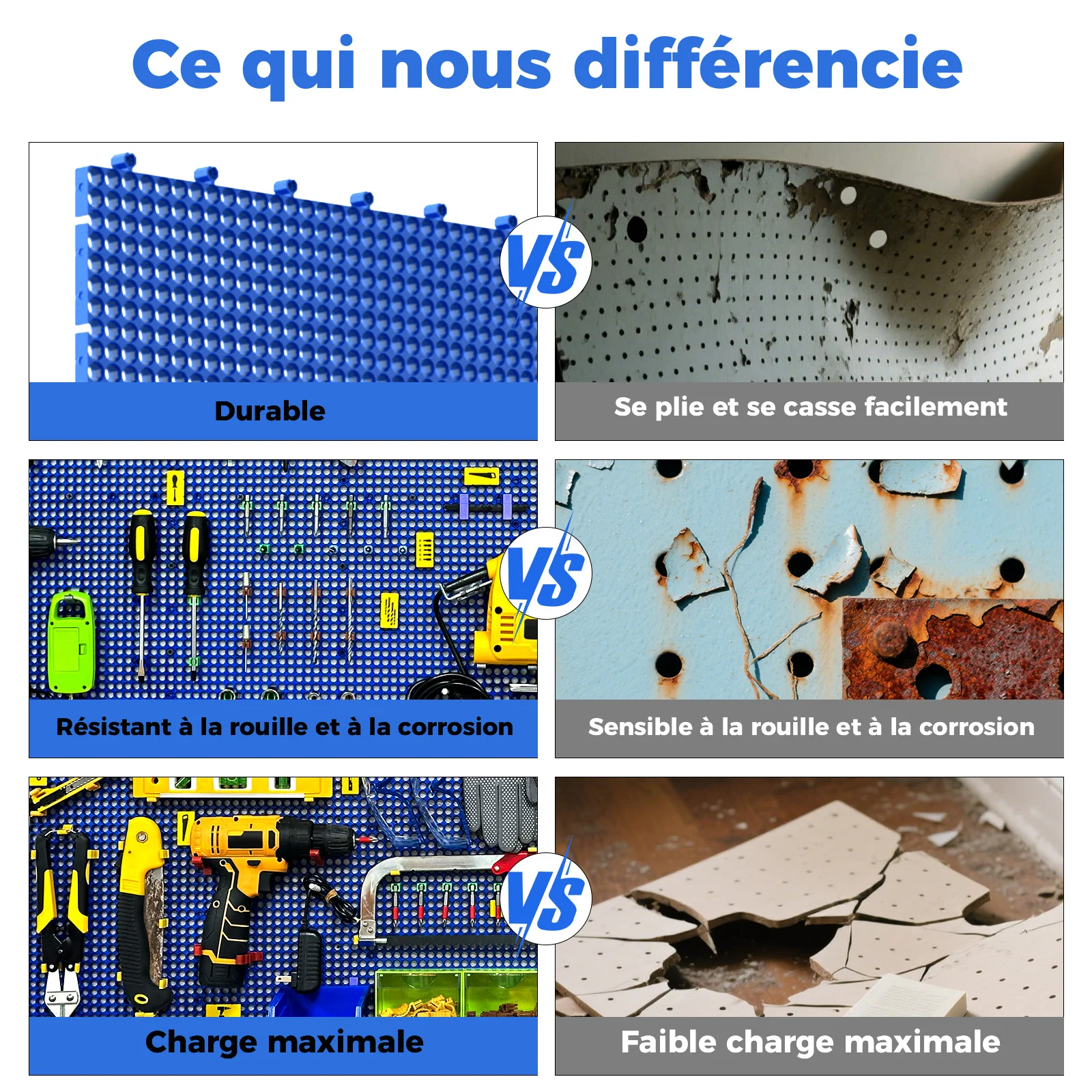 12개 블루 플라스틱 페그보드 세트 428개 액세서리, 녹 방지, 처짐 방지, 차고 페그보드 벽 페그보드 정리함