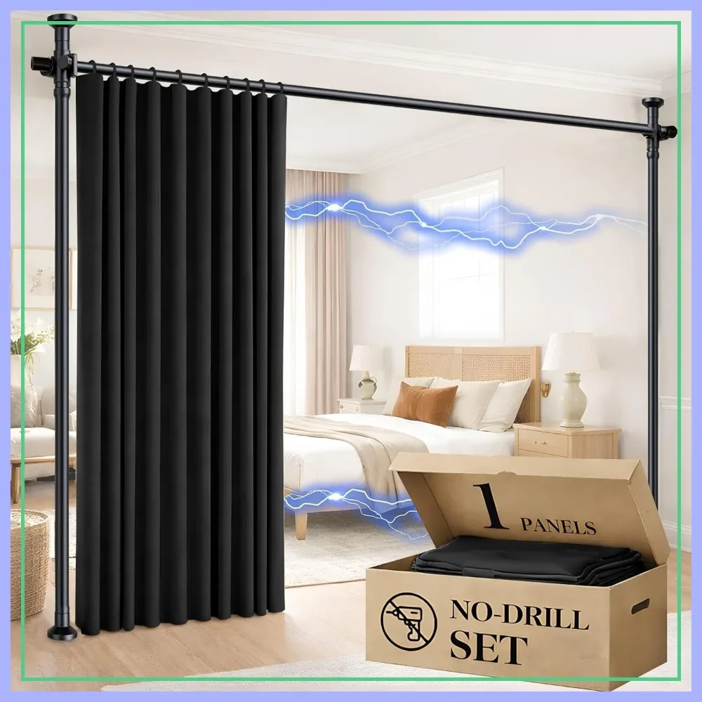 

No Drilling Room Divider Curtain Set, 100W x 84L Black, Partition Wall for Bedroom