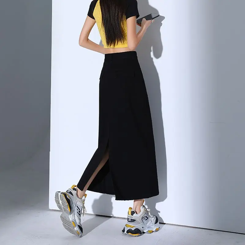 

Women Black Denim Dresses Skirts Fashion Casual Tag Split Vintage Summer New High Raise Slimming Long Skirt Y2k Sexy Streetwear