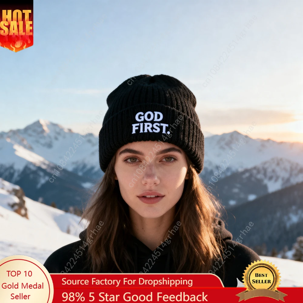 

"GOD FIRST" Embroidered Beanie Unisex Stretch Foldable Knitted Hat Outdoor Warm Pullover Cap for Autum/Winter For Men And Women