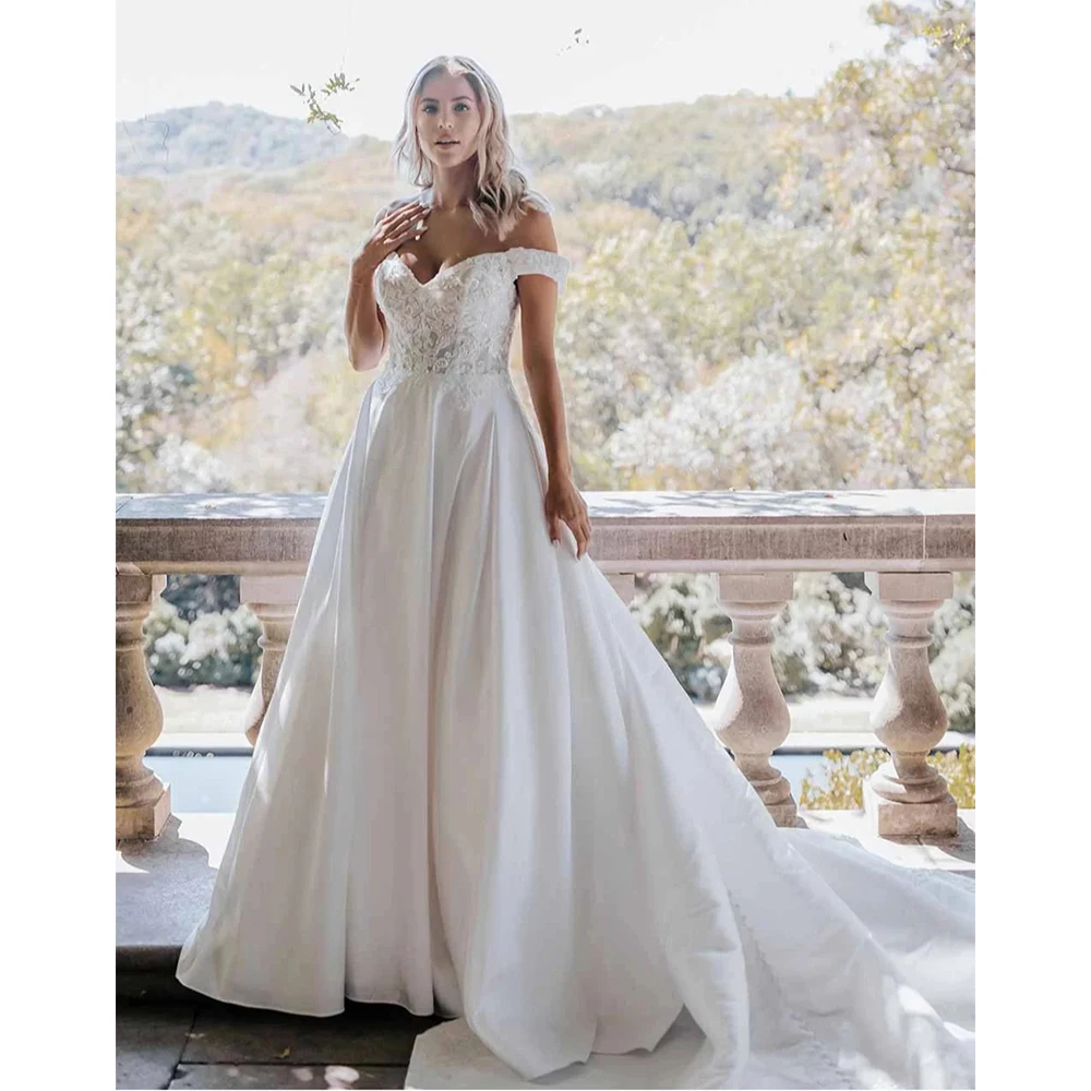 

Women's Off The Shoulder A-Line Wedding Dresses Mopping Length Princess Bridal Gowns Lace Apppliques Vestidos De Novias Customiz
