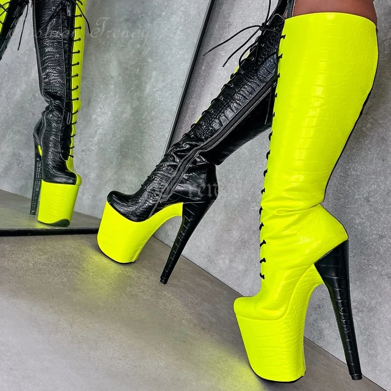 Neon Yellow Black Stiletto Knee Boots High Platform Woman Round Pole Dance Man Plaid Leather Hot Chick Booties Nightclub Shoes