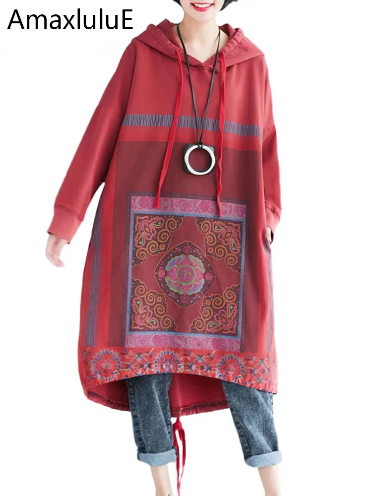 Amax luluE 2024 Jesienne damskie luźne bluzy z kapturem z nadrukiem Modne ubrania damskie Luksusowe klasyczne bluzy w stylu vintage Casual