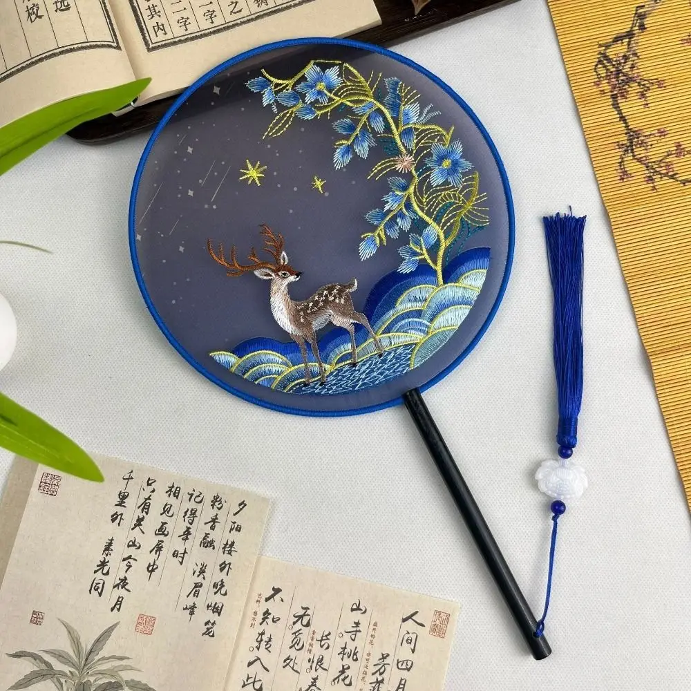 Chinese Style Double Sided Embroidery Fan Semi-Transparent Long Handle Vintage Hand Fan Classical with Tassel Dance Fan