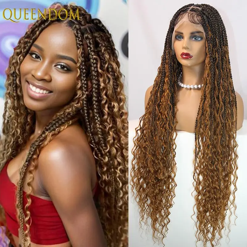 

36-дюймовый синтетический бохо, полный кружевной передний плетеный парик, блондинка, вьющиеся концы, парик, богиня, локоны, косички, парики, без узлов, косичка, парик