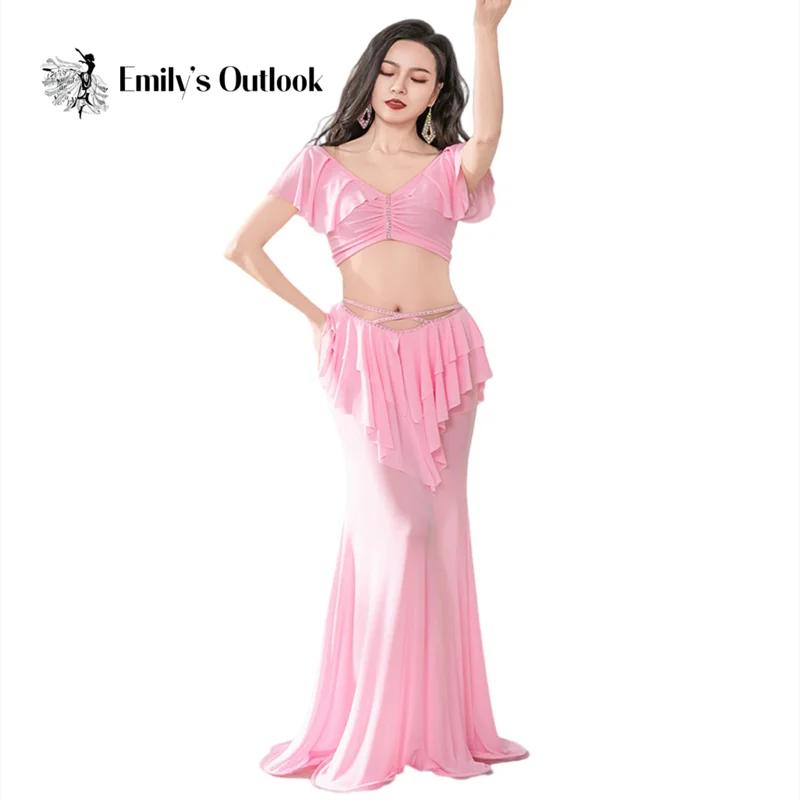 Arabic Sexy Belly Dance Costume 2 Piece Women Gauze Stage Outfit Short Ruffle Sleeve Long Fishtail Skirt With Hip Scarf Adult