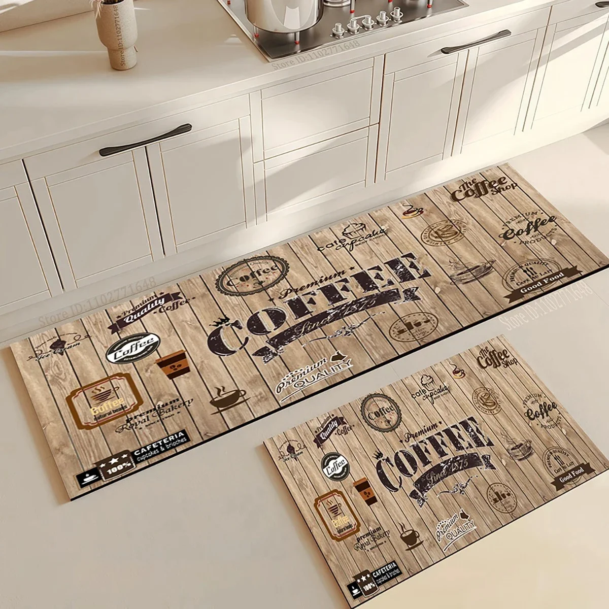 VIKAMA 1/2 قطعة سجادة مطبخ ذات تأثير خشبي، سجادة مطبخ مطبوعة على القهوة ماصة للماء وغير قابلة للانزلاق، صينية تنقيط لآلة القهوة ديكور المنزل #3