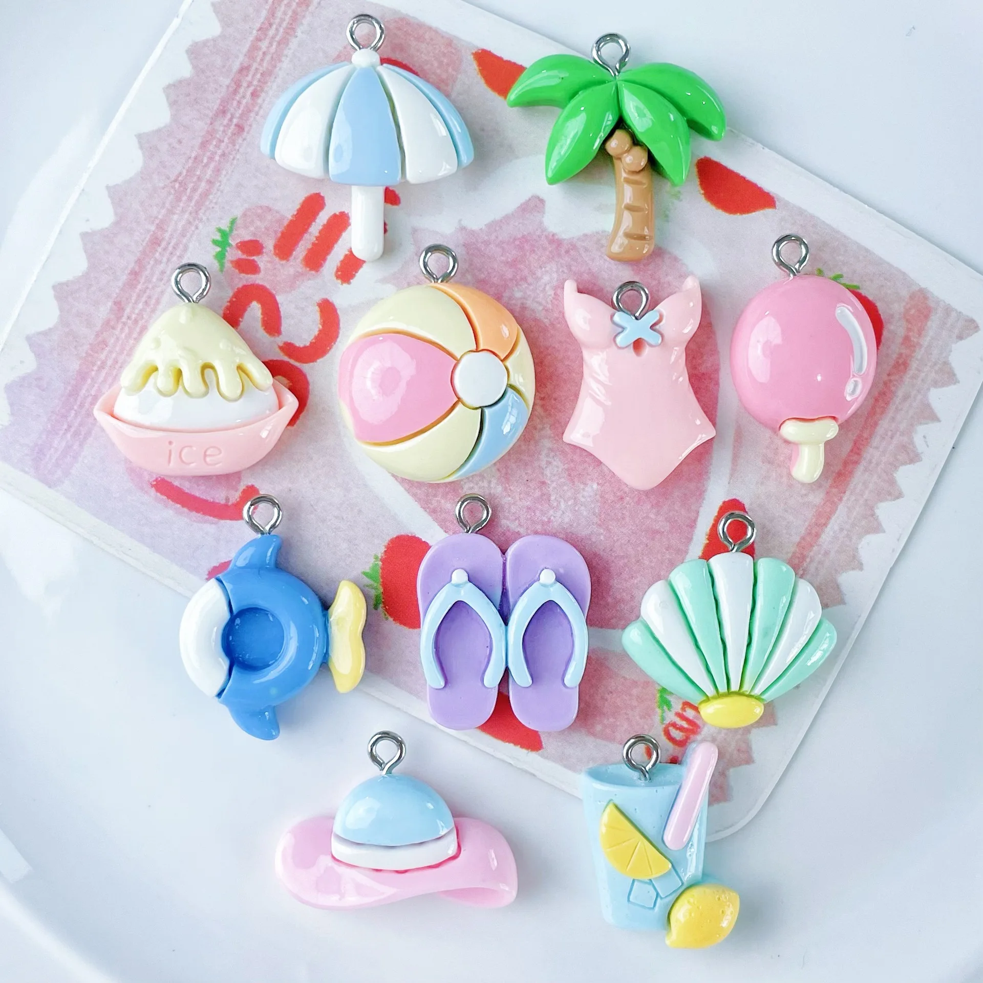 11Pcs Glossy Summer Vacation Beach Series Pendant DIY Resin Accessories Necklace Pendant Keychain Decorations