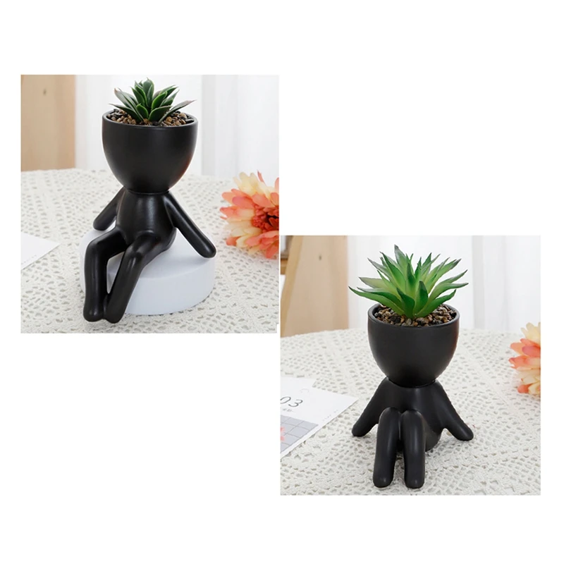 2PCS Artificial Succulents Cute Faux Succulents In Black Human Shaped Pots Office Desk Decor