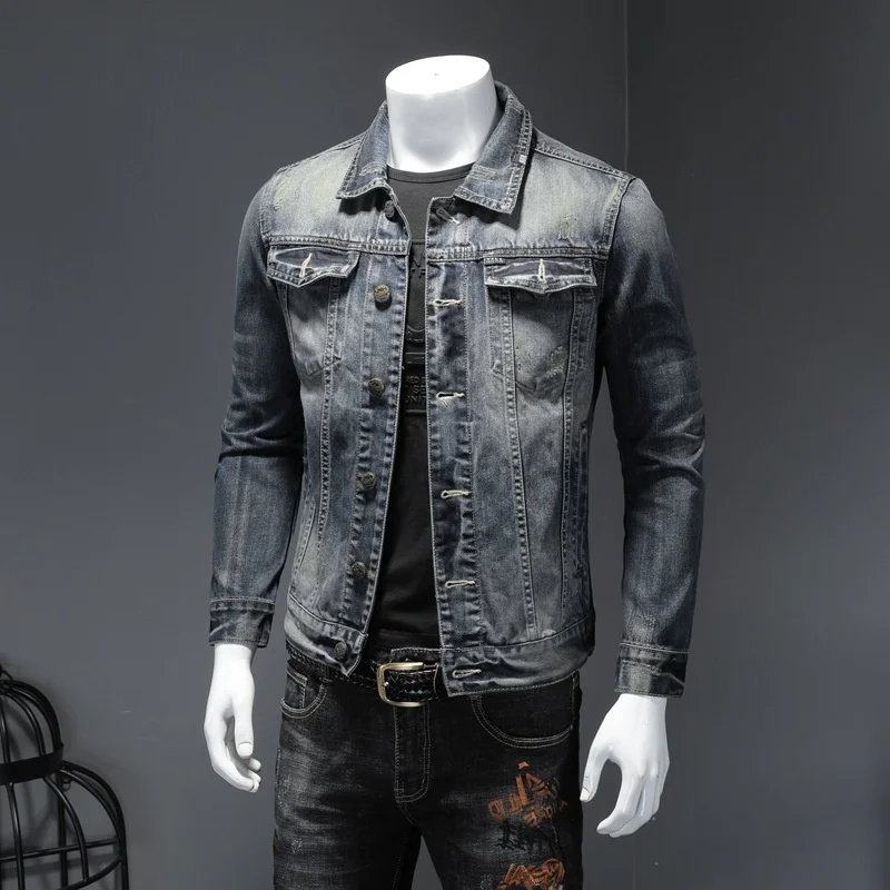 Denim Jacket Men Vintage Blue Ripped Jeans Casual Slim Fit Single Breasted Spring Autumn New in Outerwears M-4XL 5XL