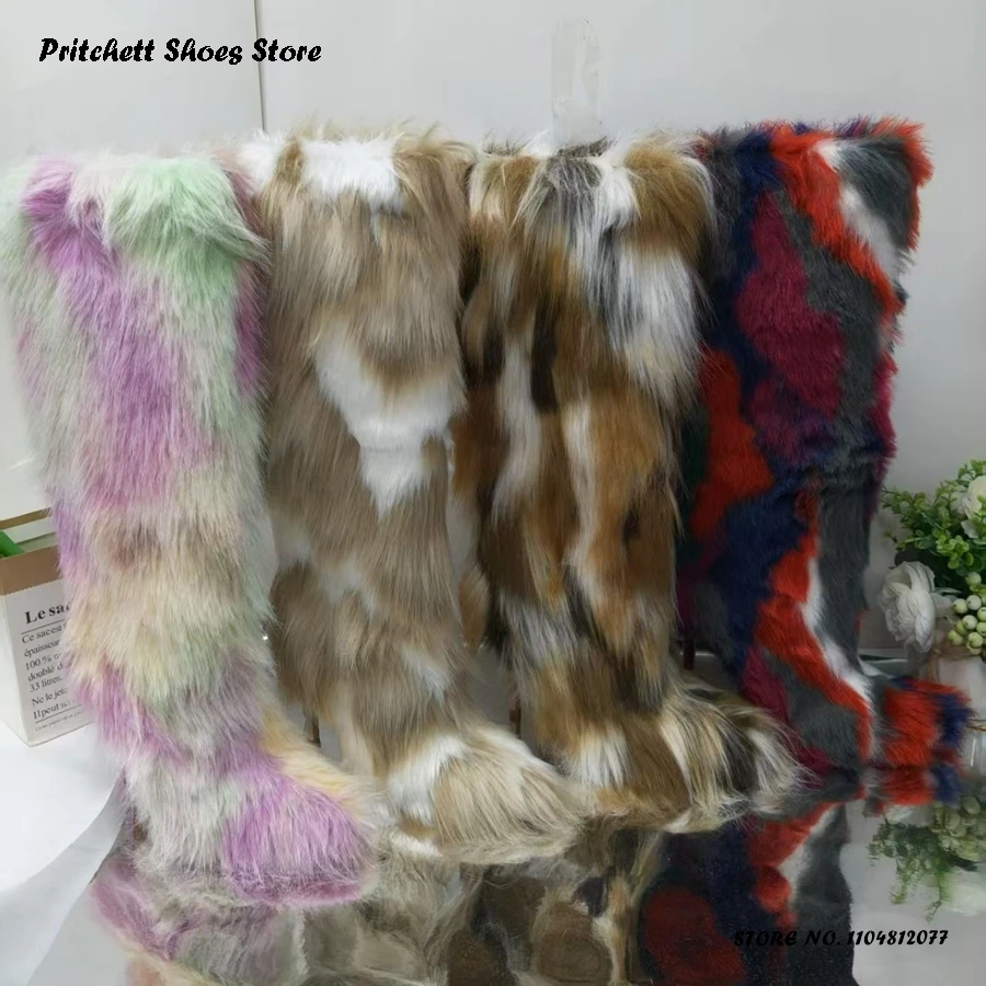 

Женские сапоги до колена на шпильке из искусственного меха, осенне-зимние модные меховые зимние сапоги, высокие сапоги с острым носком на тонком каблуке