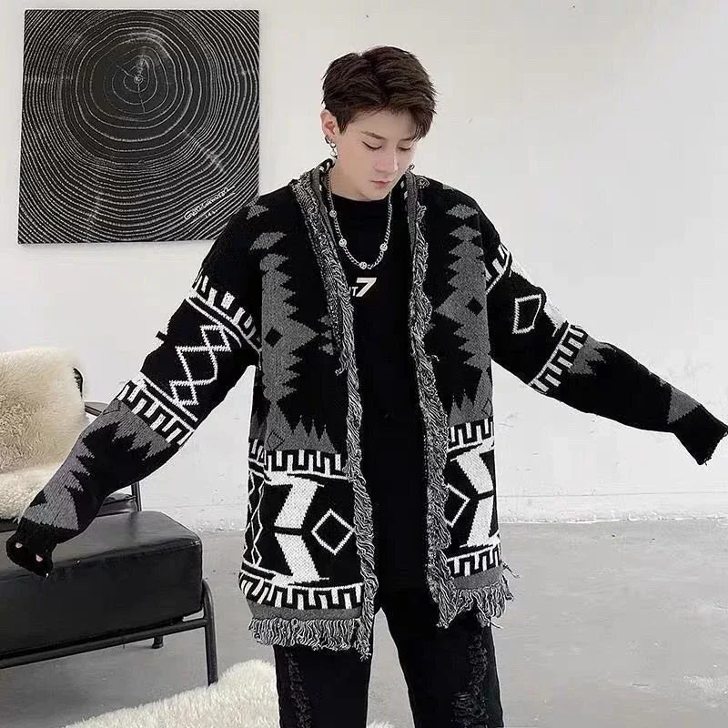 

New Arrival Fall Winter Men's Printed Tassel Knit Cardigan American Vintage Laid back HK Style Loose Casual Thin Woolen Sweater