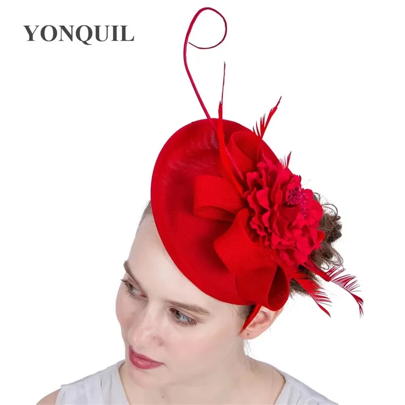 Gorgeous Women Red Flower Headpiece Wedding Imitation Sinamay Fascinator Hair Pin Ladies Festival Wedding  Boutique Fedora Cap