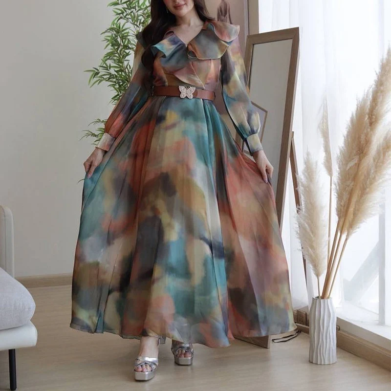 

Spring Autumn Fashion Mesh Colorful Print Party Dress Women Elegant Long Sleeve Loose Hem Maxi Dress Commuting Lady Long Dresses