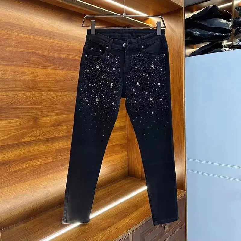 2023 New Arrival Luxury Clothing Men's Casual Denim Jeans Pencil Pants Stretch Korean Fashion Hot Diamond Streetwear Pants Male