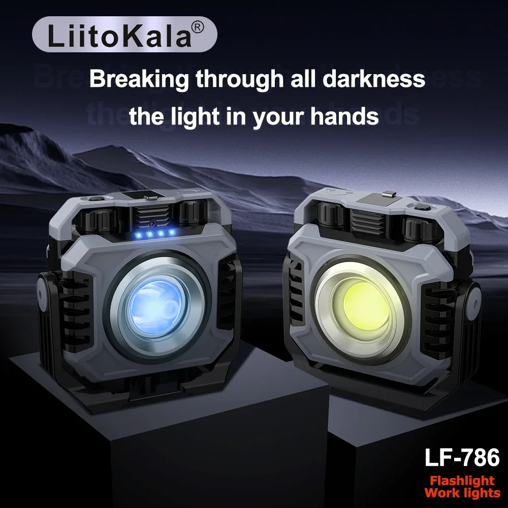 LiitoKala LF-786 Luzes de trabalho + 26650 5000mAh Bateria COB 1500ML TG3 600ML Carregador tipo C Saída USB