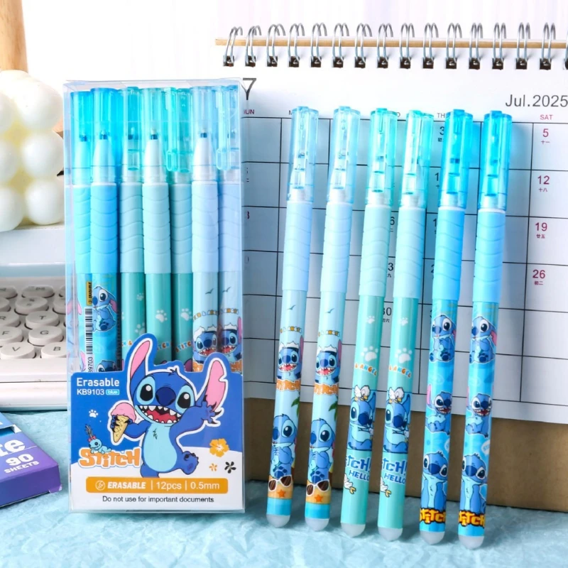 12 قطعة/صندوق ليلو وستيتش قابل للمسح هلام القلم Kawaii أنيمي 0.5 مللي متر الحبر الأزرق مع لينة المطاط غمد توقيع أقلام القرطاسية الهدايا #1