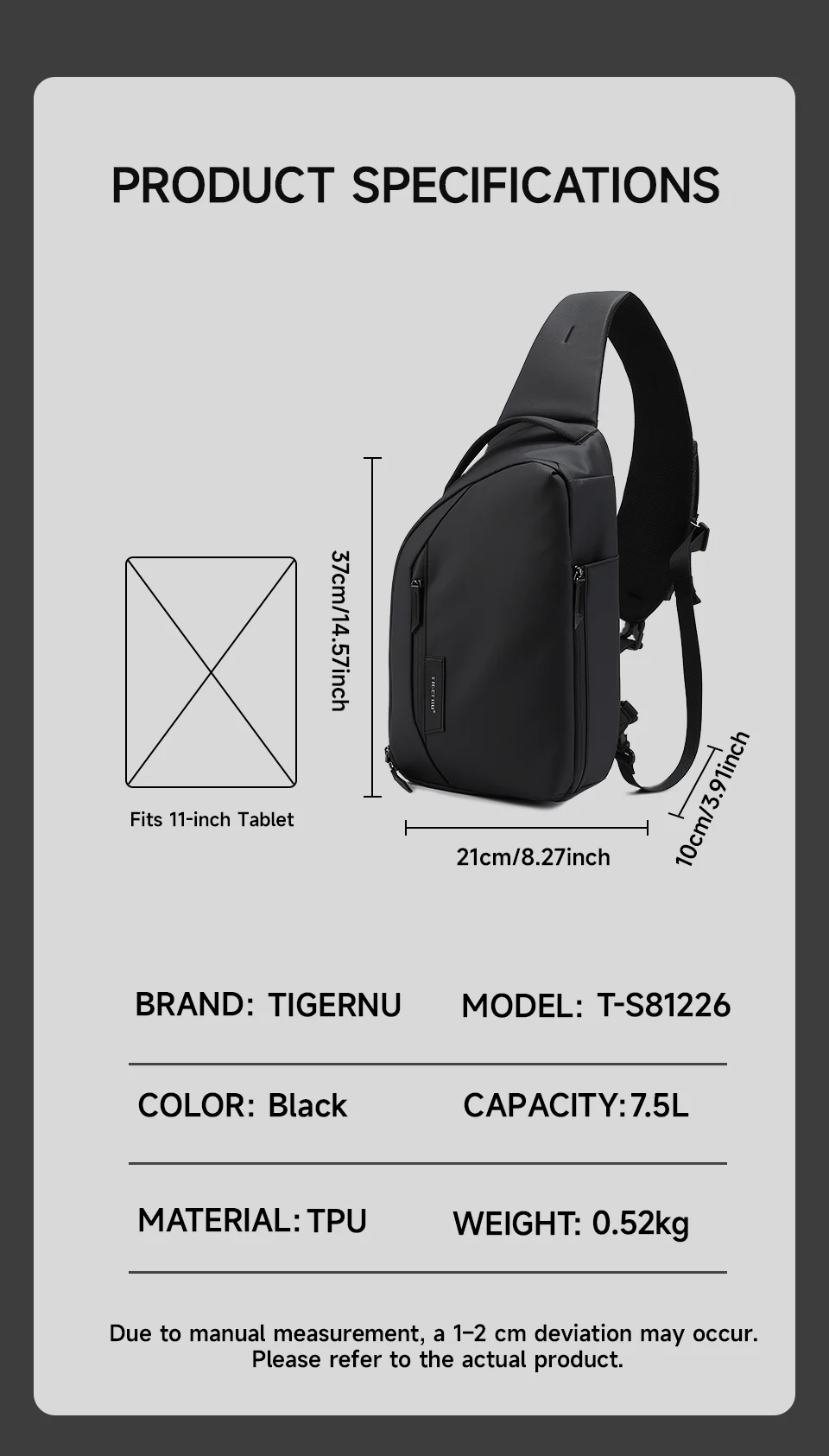 Tigernu Modische Umhängetasche für Herren, Freizeittasche für 11-Zoll-Tablets, wasserabweisende TPU-Brusttasche für Herren, Outdoor-Fahrradtasche, Seitentasche – Detail 6