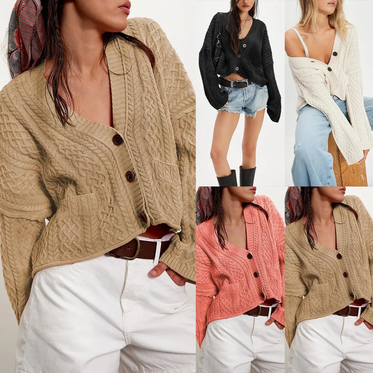 

New Autumn Winter Women's ort Knitted Open Cardigan Pure Color Loose Twist Outerwear Cross-Border Faion Ladies' Coat
